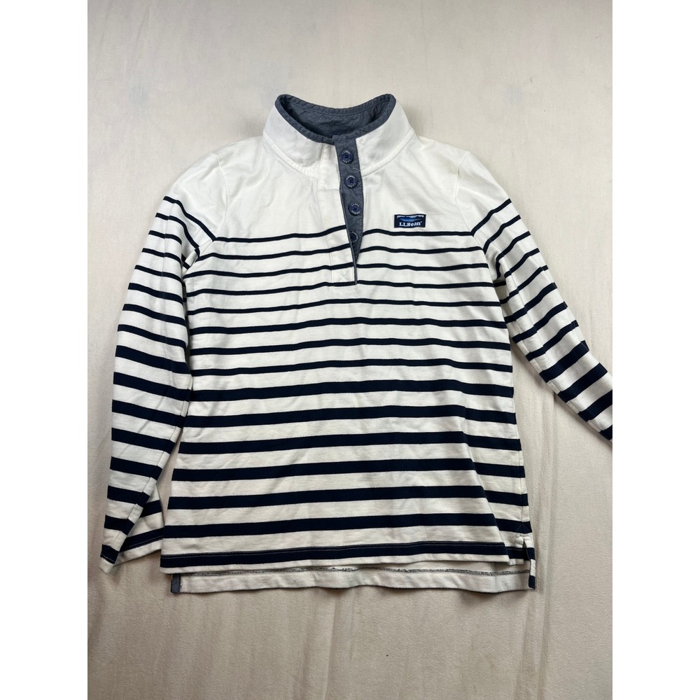 LL Bean Womens Navy White Striped Mock Neck Button Pullover Sweatshirt M 501241